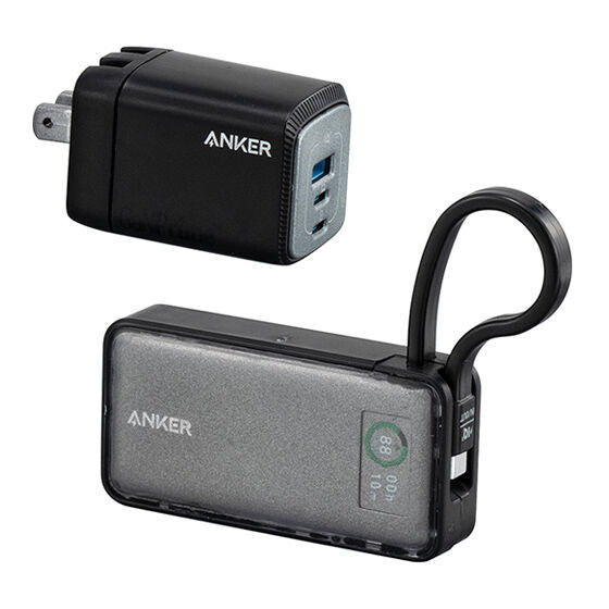 Anker Miniature Collection [1.Anker Nano Power Bank (30W, Built-In USB-C Cable) �• Anker Prime Wall Charger (100W, 3 ports, GaN)]