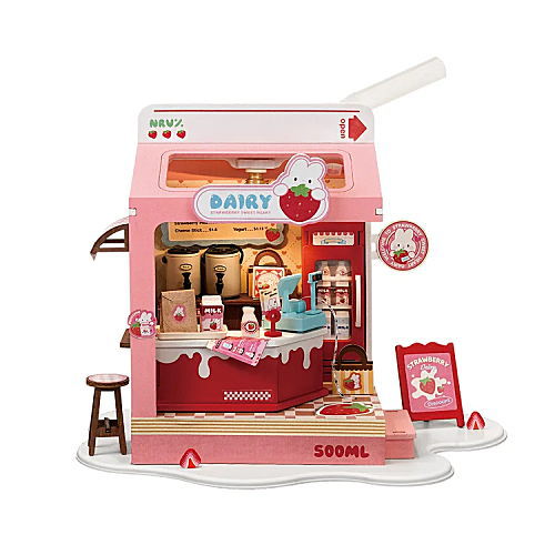 ROBOTIME Rolife Miniature Dollhouse Kit Mini Size [DS034: Strawberry Milk Pack]