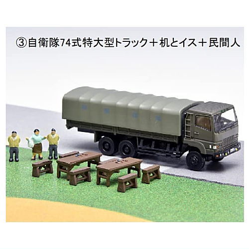 GJ! Hataraku Norimono Hyakkei 003 SDF Disaster Prevention Training Site [3.SDF 74 Type Extra Large Truck + Desk & chair + Civilian]